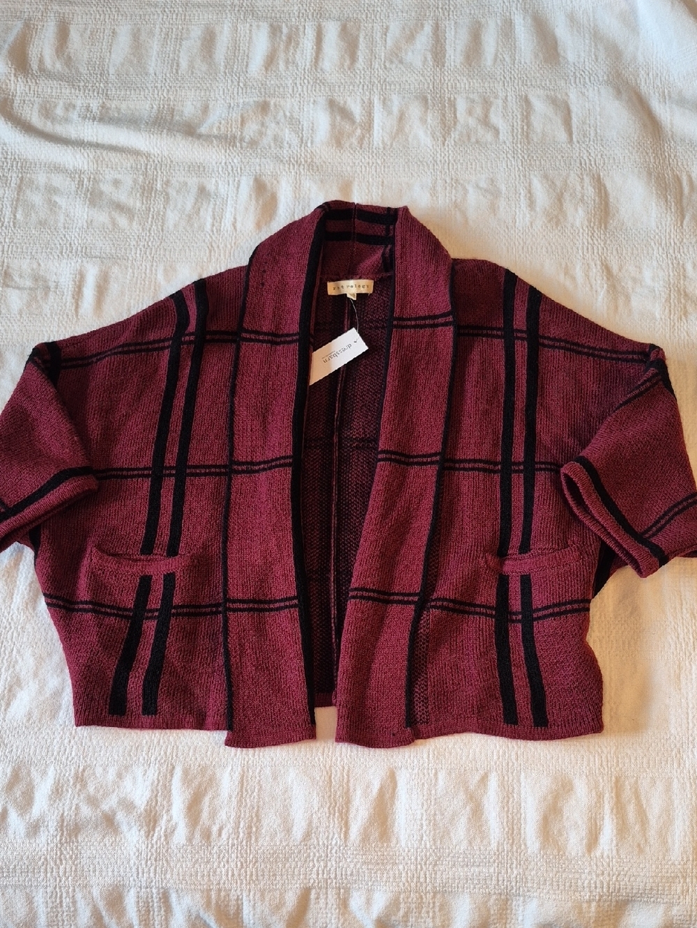 Dressbarn women's PXS Burgundy & black open front sweater 2 pockets NWT